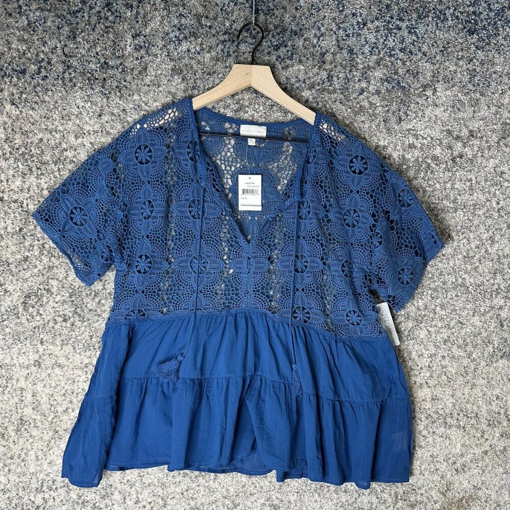 A Collective Story Shirt Womens XL Blue Lace‎ Crochet Babydoll Peplum Top